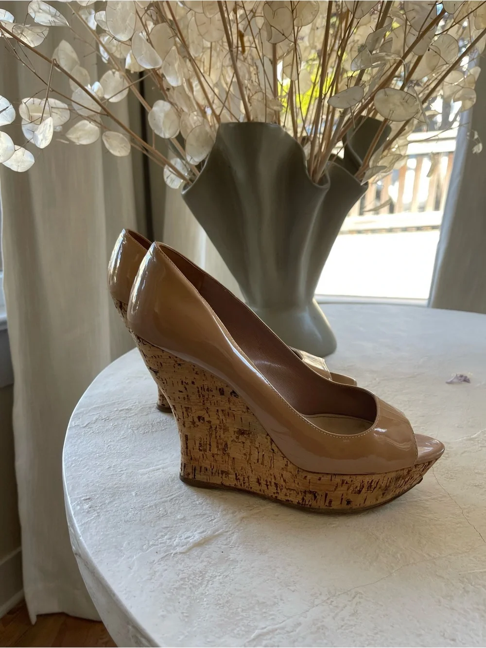 Miu Miu Nude Patent Cork Peep-Toe Wedge Pumps